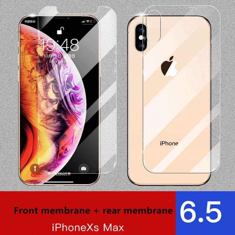 Tempered glass screen and rear protector films for Apple iPhone 11, X, and XS models.