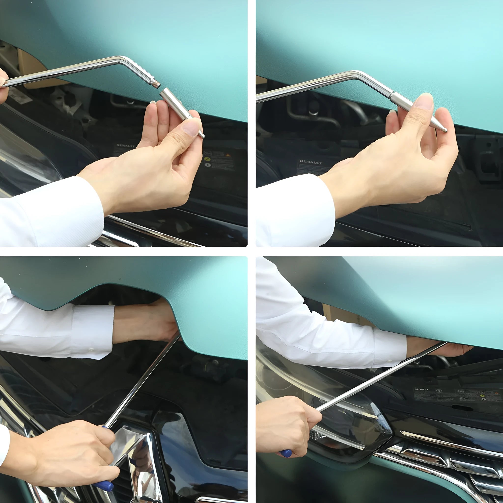 Three alloy steel hook crowbars for car dent repair arranged as a set