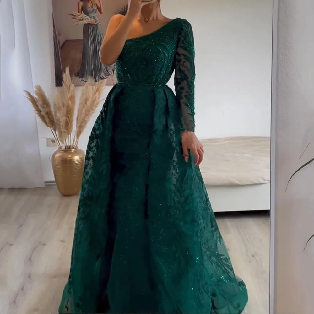 Women's slim-fit fishtail mesh shoulder long-sleeved dress with front zip, available in green