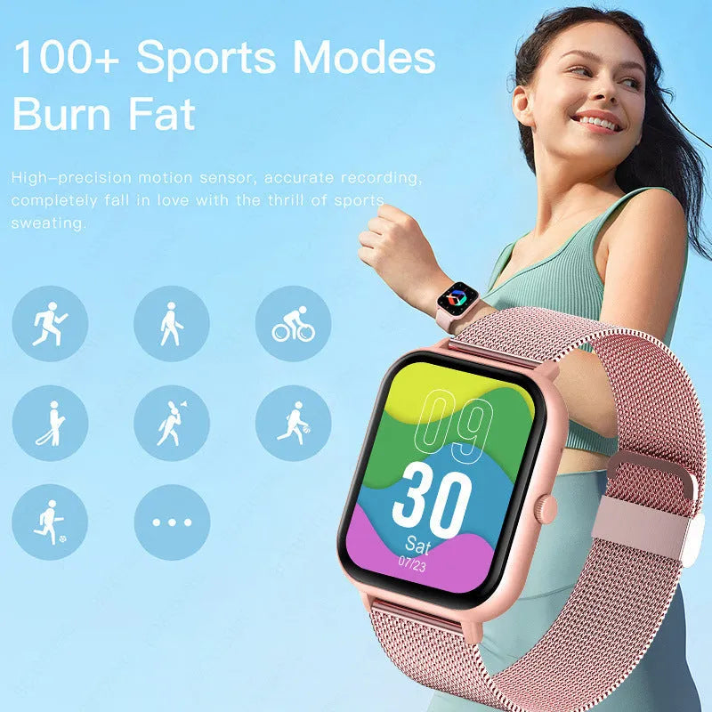 ZL54C smart watch displaying health metrics on AMOLED screen with Milan steel strap option