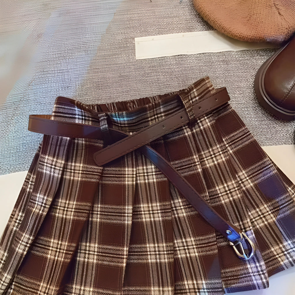 Children's plaid pattern pleated skirt in A-line style with cotton blend fabric