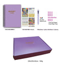 Purple coil-bound financial planning notebook with budgeting stickers and pen on Daolin paper