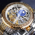 Forsining skeleton tourbillon mechanical watch with yellow gold stainless steel case and visible movement