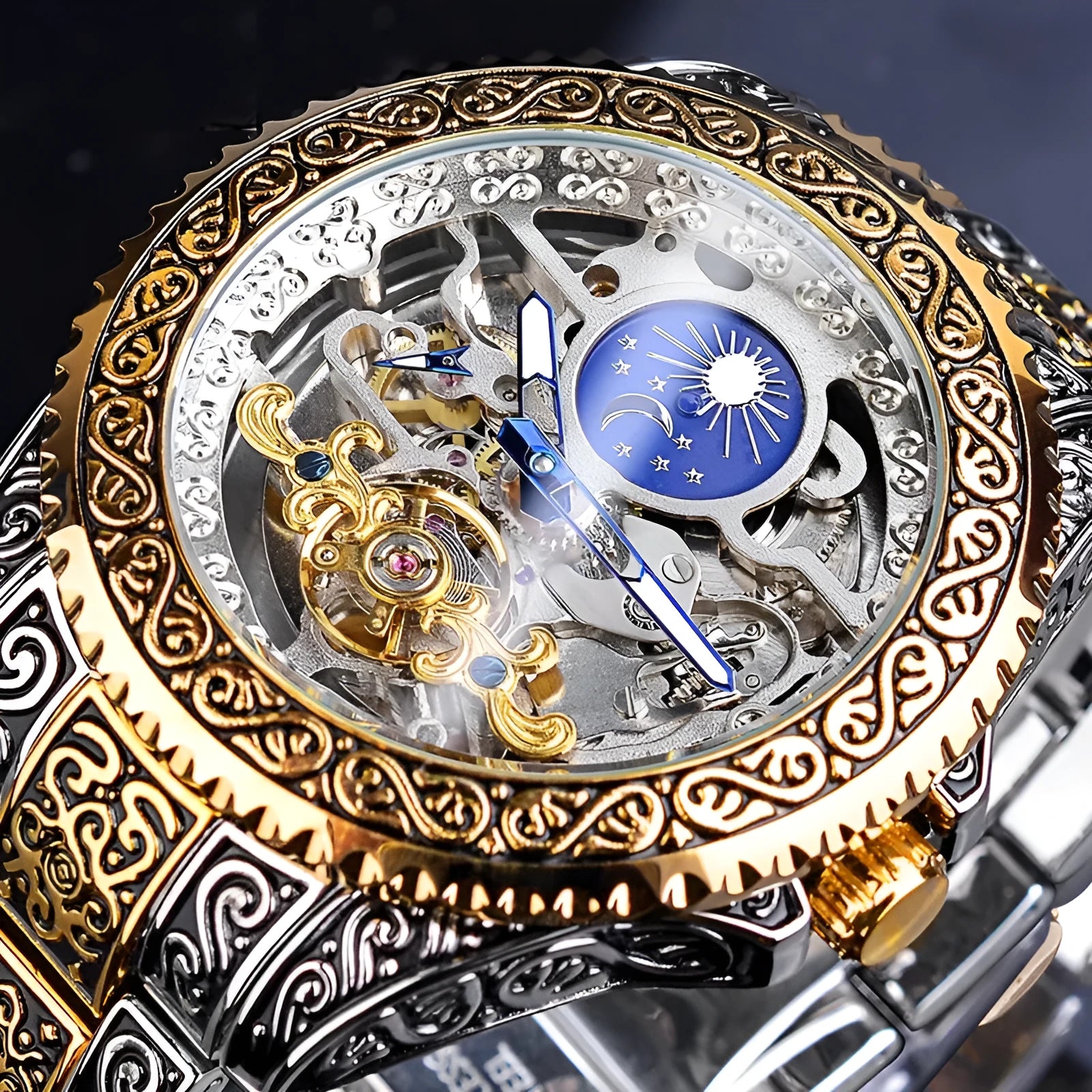 Forsining skeleton tourbillon mechanical watch with yellow gold stainless steel case and visible movement