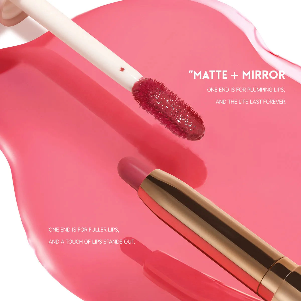 Double-headed lipstick lip gloss in matte finish showing ten colour options with moisturising formula