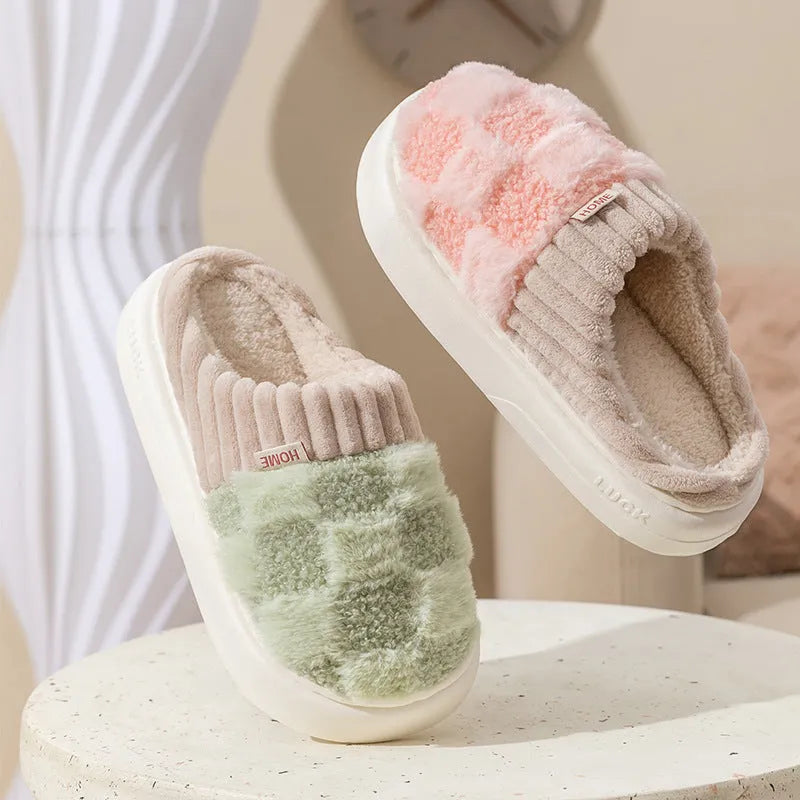 Women's plaid plush slippers in grey with a thick coral velvet upper and textured PVC sole.