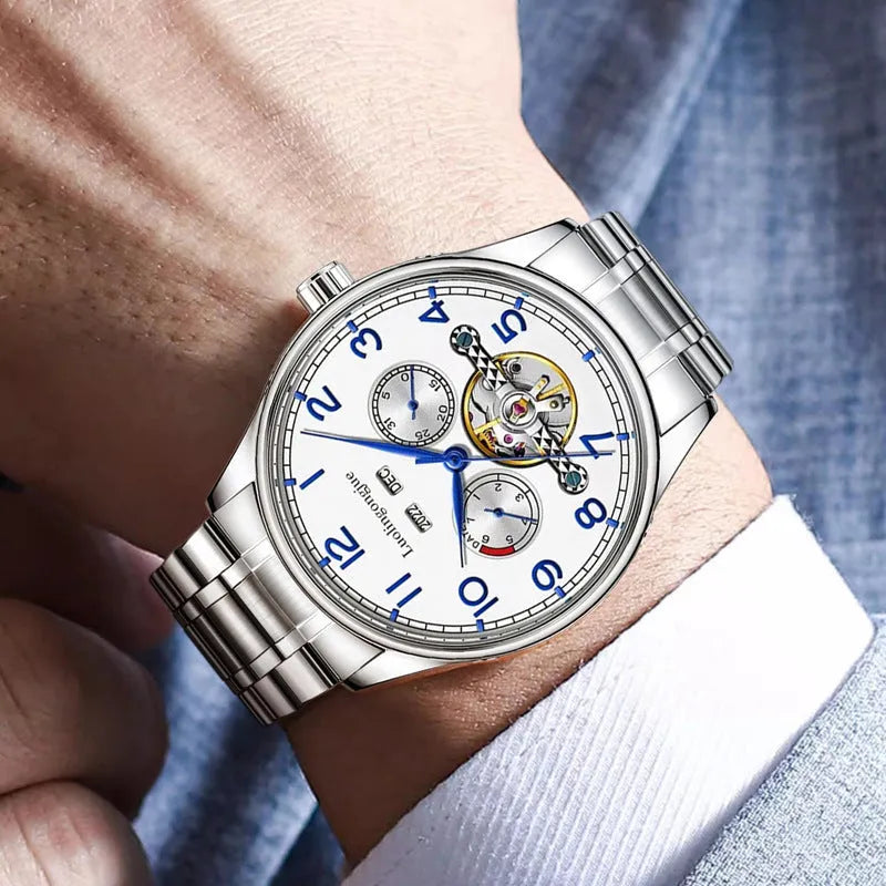 Business hollow men's mechanical watch with stainless steel case and leather strap