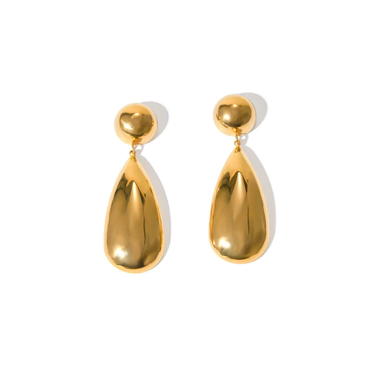 Gold-coloured stainless steel earrings featuring a geometric hemisphere shape with a dangling water drop pendant.