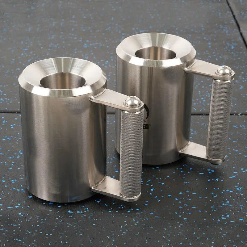 Silver 8kg stainless steel dumbbell cup weight plate on a grey background.