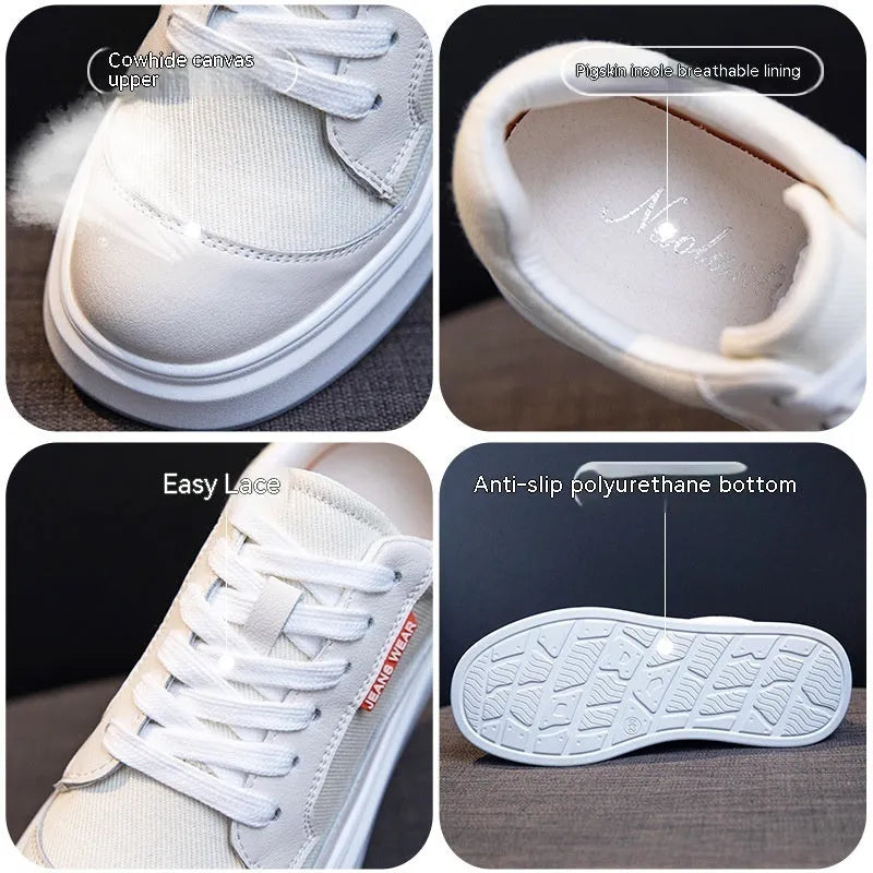 Women's thick-soled leather board shoes in pink and beige colours showing height-increasing design