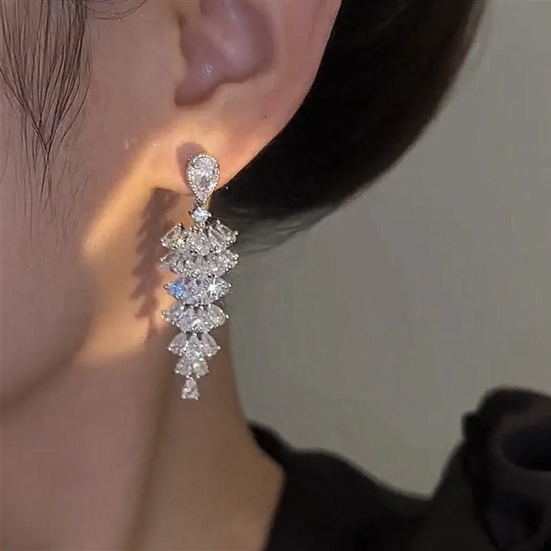 Women's Christmas tree drop earrings with sparkling zircon stones in silver pagoda colour
