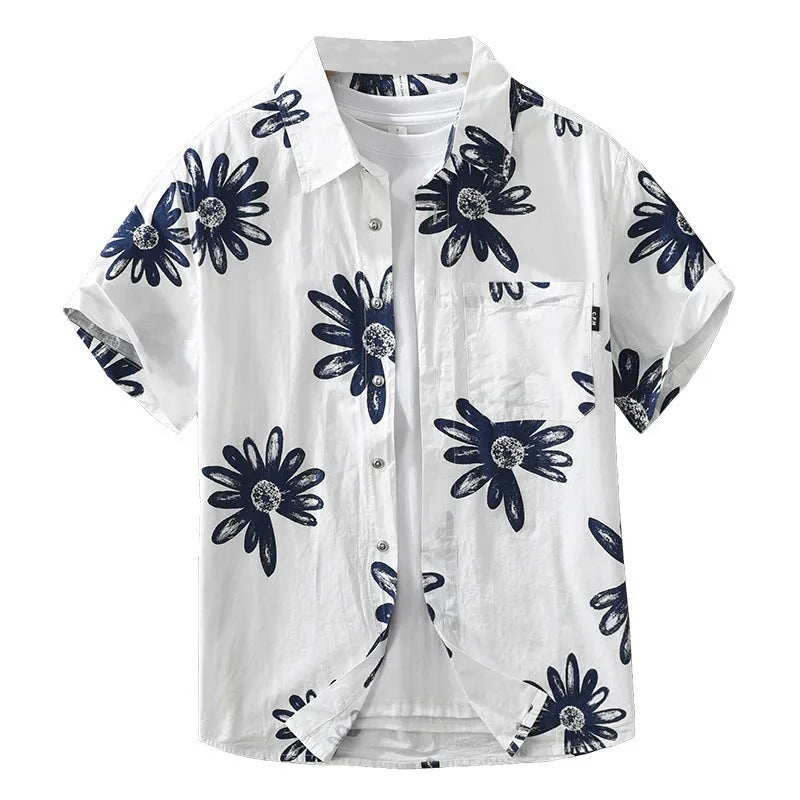 Printed short sleeve shirt in white, loose fit, cardigan style, adult male model