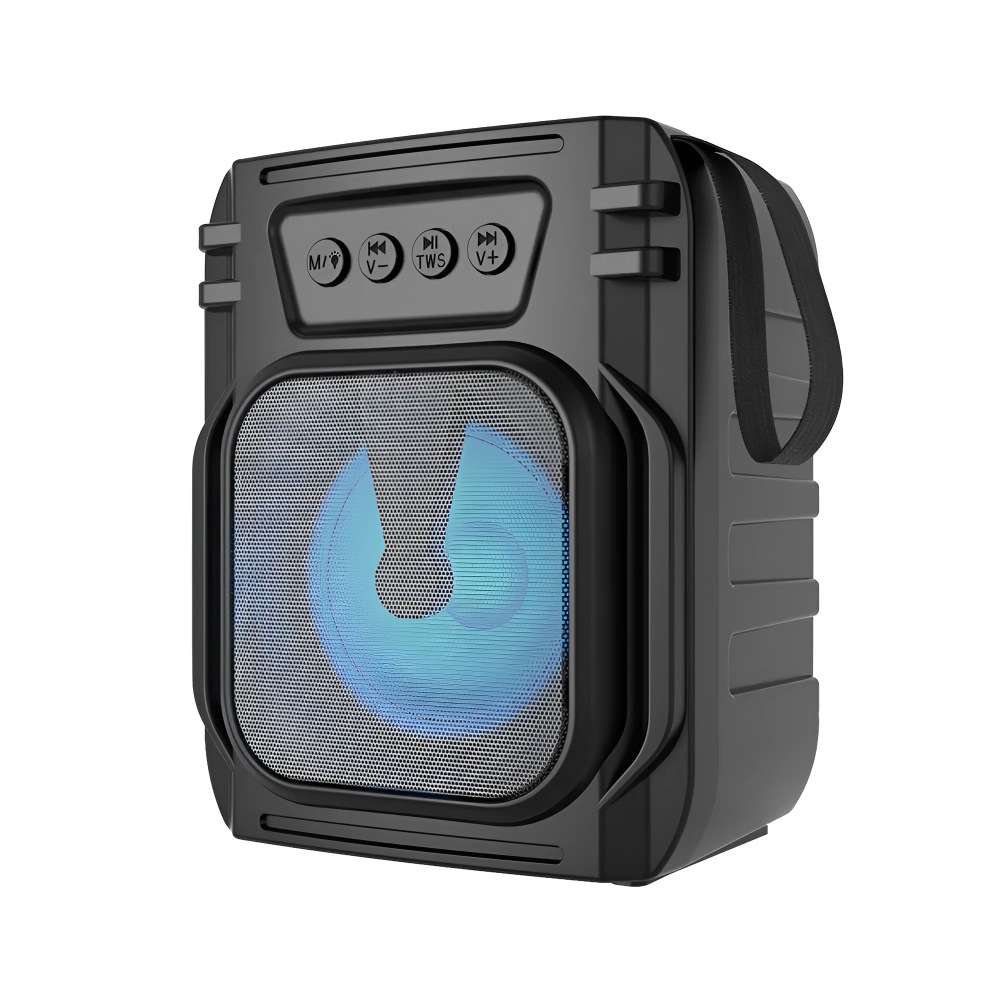 Portable Bluetooth speaker with compact 110mm design and USB charging cable