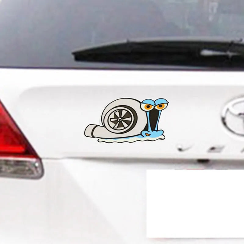 White reflective snail car sticker measuring 12x8cm with cartoon printing on bumper