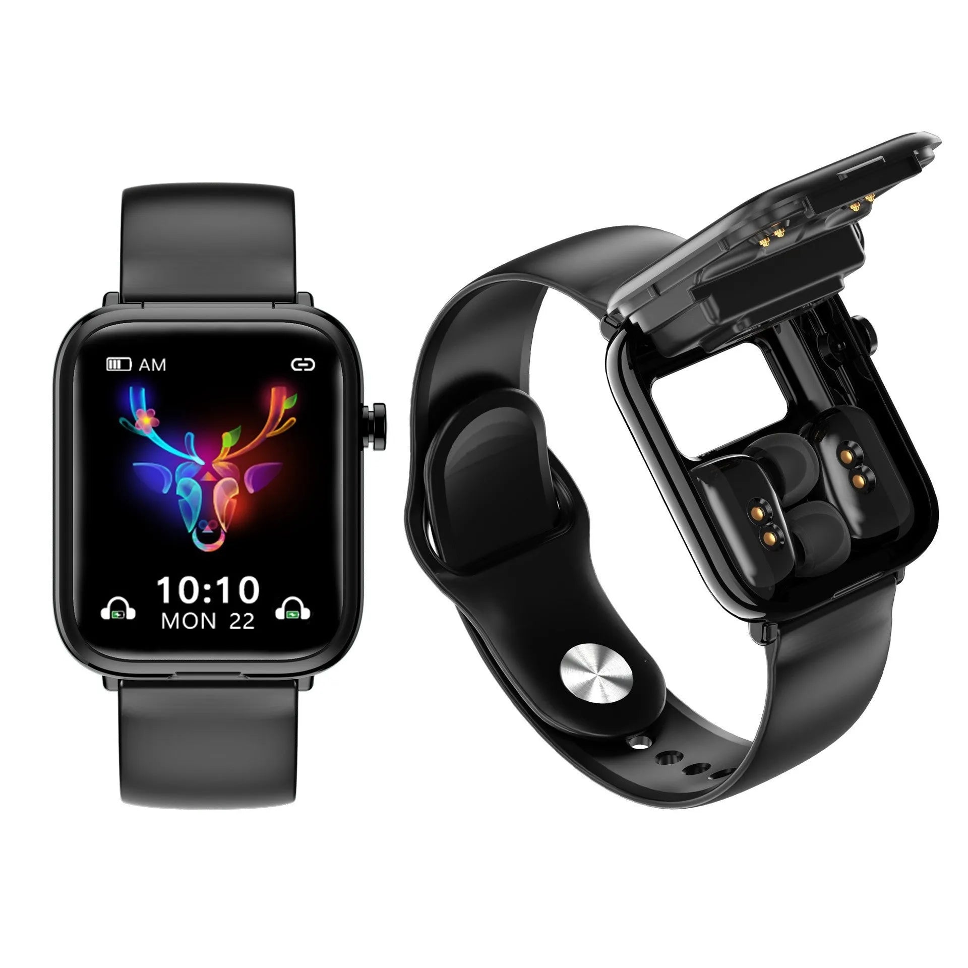 Black all-touch smartwatch with zinc alloy body and integrated Bluetooth earpieces on a wrist