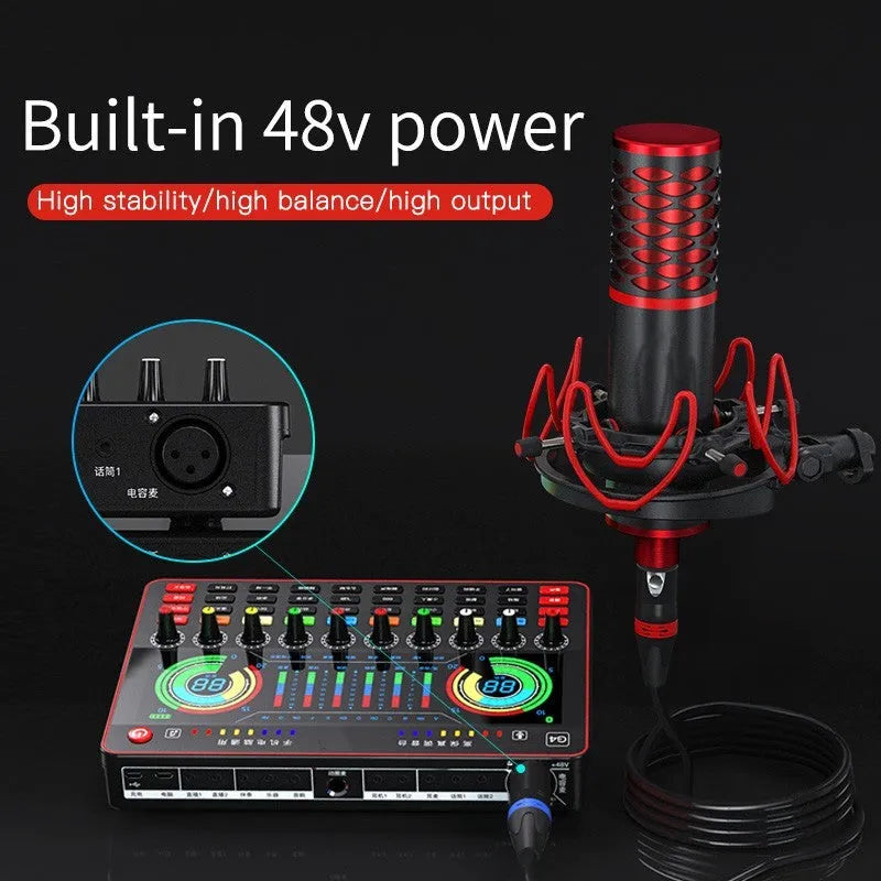 G4 professional sound card mixer with LCD display, microphone, remote control, and audio cables