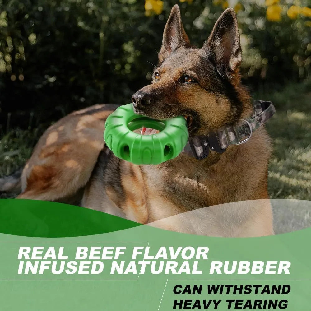 Blue beef-flavoured rubber tyre dog chew toy with oval openings for slow feeding.