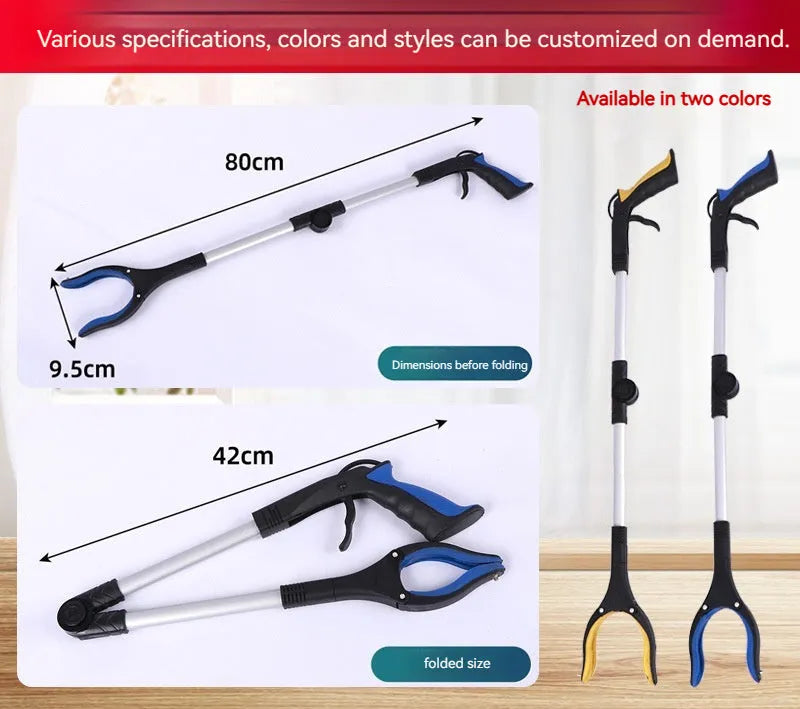 Folding silver aluminium garbage clamp with blue handle extended to 80cm length