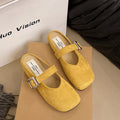 Women's flat apricot PU half slippers with closed square toe and rubber sole.