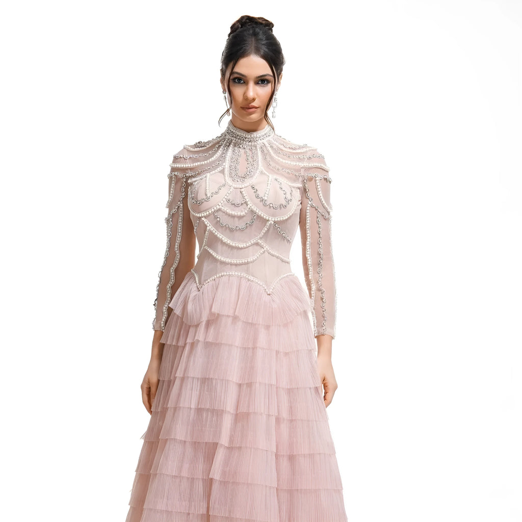 Women's black polyester dress with long sleeves and detailed beaded decoration on the bodice