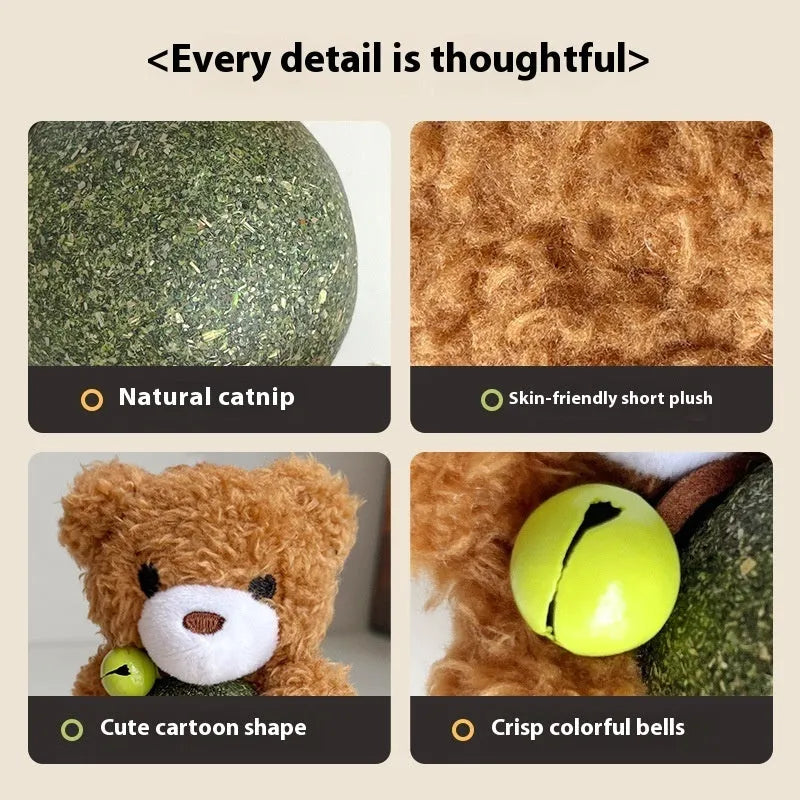 Brown bear plush cat toy with mint ball centre and bell, measuring 15cm high by 7cm wide