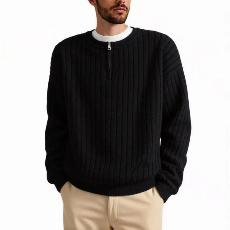 Men's grey half-zip textured knit sweater with loose fit design and long sleeves