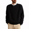 Men's grey half-zip textured knit sweater with loose fit design and long sleeves