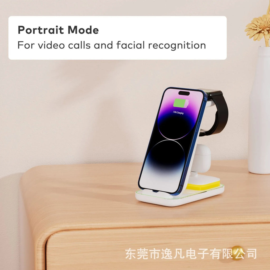 Black vertical wireless charger with a phone and smartwatch charging on it