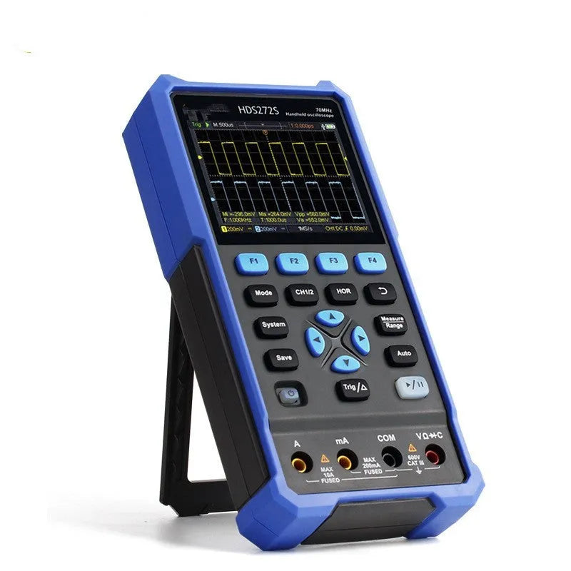 Owon HDS272 handheld digital oscilloscope with probe and accessories for portable testing