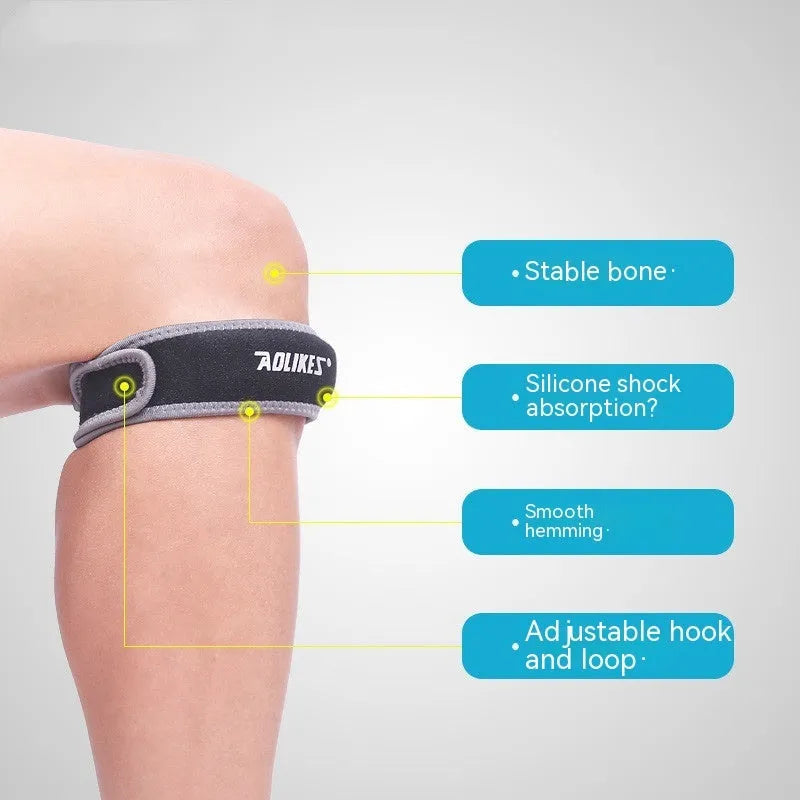 Black and grey edged patella retinaculum knee support for adult sports.