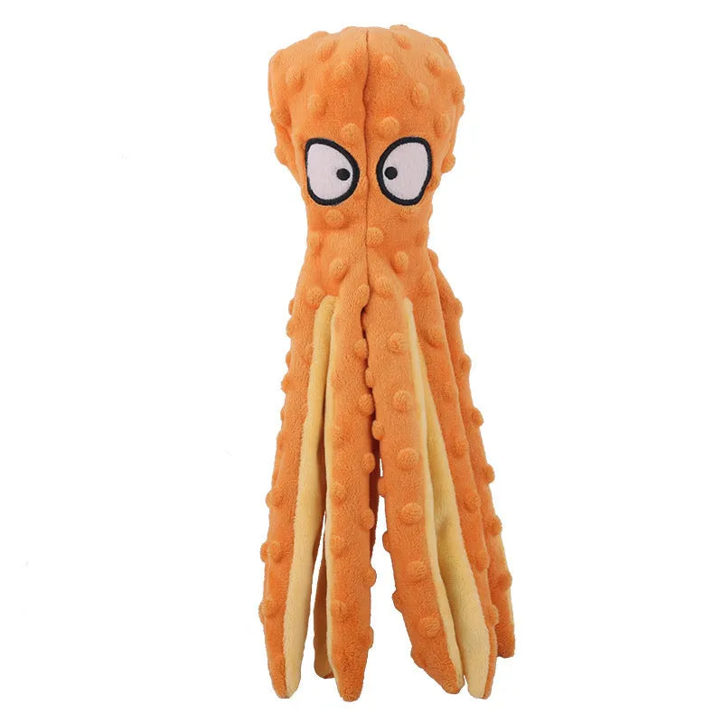 Blue octopus-shaped dog squeaky toy with no stuffing and crinkle sounds for chewing