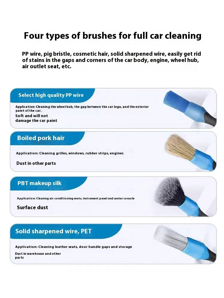 Blue detachable car wash brush set with 4 brush heads, 2 handles, and 2 elbow connectors on a workspace