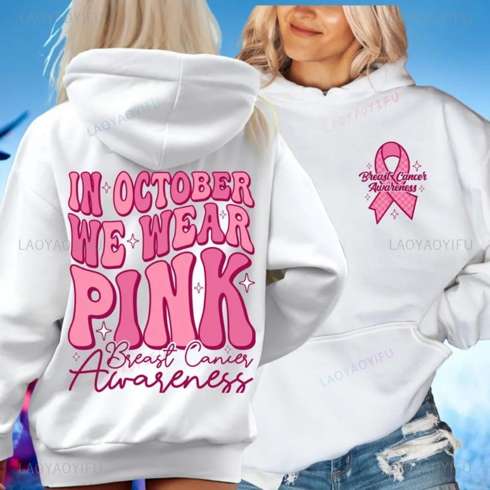 Breast Cancer awareness pullover hoodie with retro pattern and side seam pockets in a chosen colour
