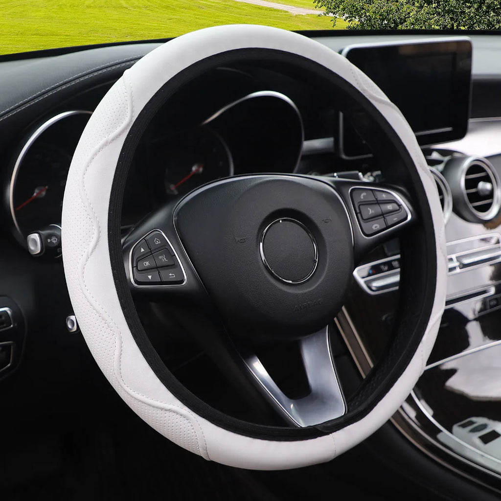 Corrugated elastic PU leather steering wheel cover for 37-38cm diameter steering wheels