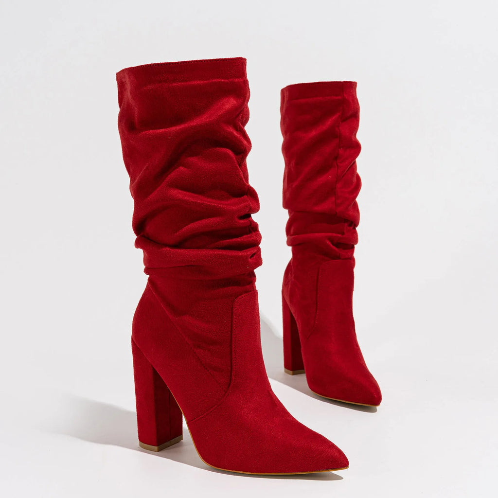 Women's black suede chunky heel pointed-toe boots with mid-calf length and oversleeves design