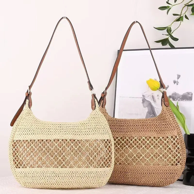 Women's casual straw cross body bag in horizontal square shape with sandwich pocket, shown in khaki colour.