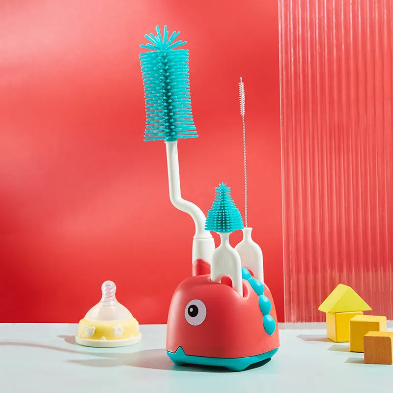 Three multifunctional cleaning brushes in a matching base, amber yellow colour, with PP handles and silicone bristles