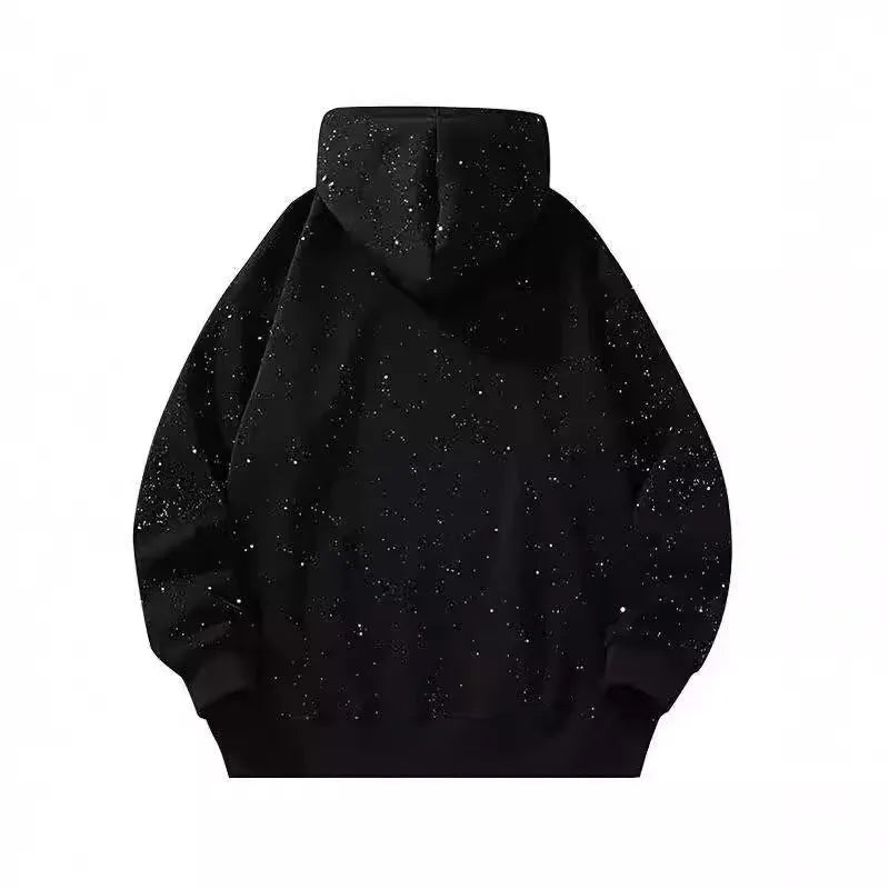 Loose-fit black hooded sweater with starry letter print for men and women