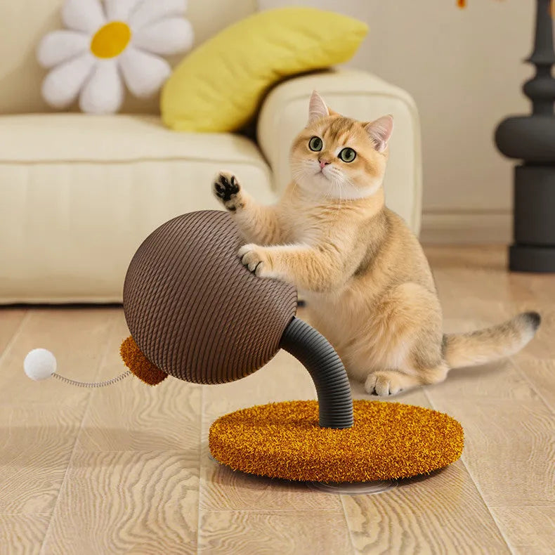 A large and small size cat scratching post toy made from hemp rope with a self-rolling tumbler design.