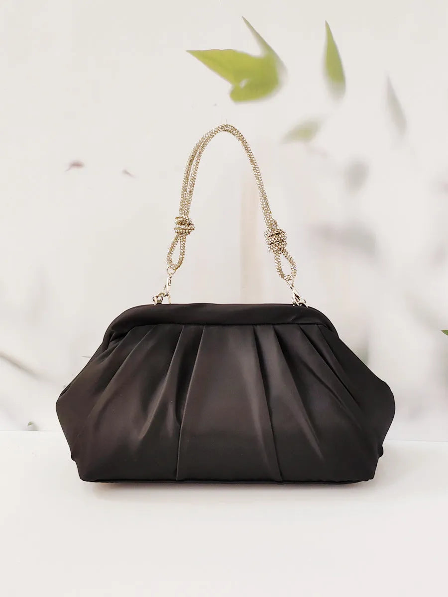 Women's large black polyester dinner bag with chain accents and document compartment, shown with rose red and lavender purple colour options