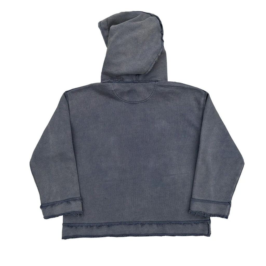 A dark blue hoodie sweater laid flat, showing its full hood and front design.