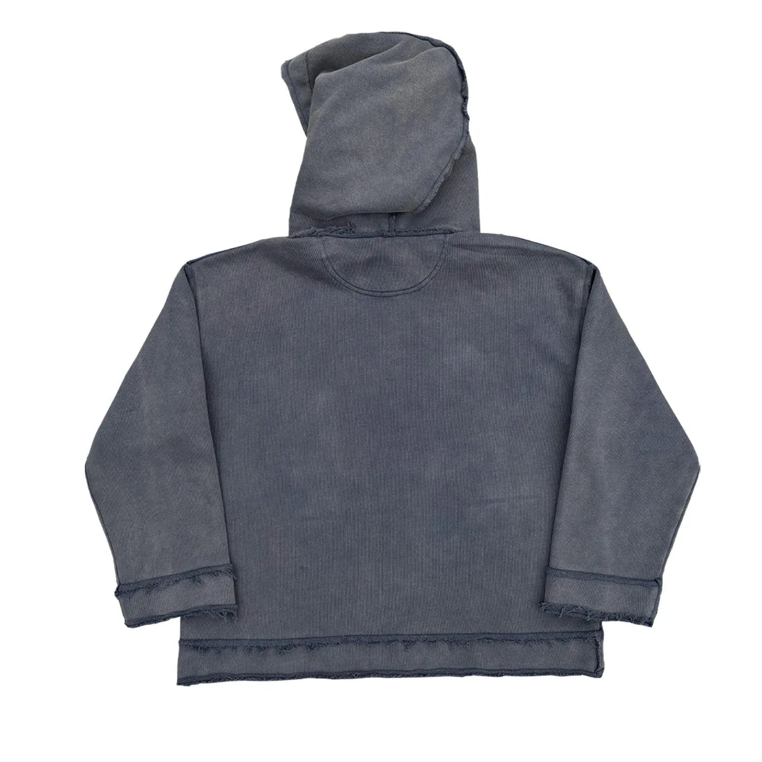 A dark blue hoodie sweater laid flat, showing its full hood and front design.