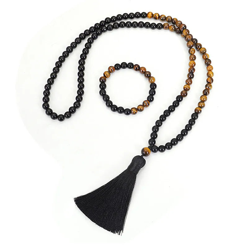 Tiger eye stone tassel sweater chain necklace with drop-shaped pendant on ball bead chain