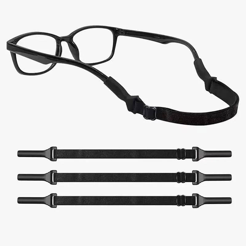 Black adjustable glasses cord with silicone earpieces and fibre rope in adult and children's sizes