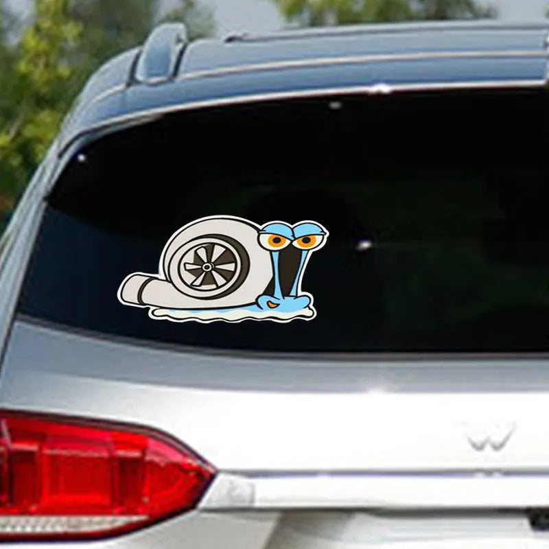 White reflective snail car sticker measuring 12x8cm with cartoon printing on bumper