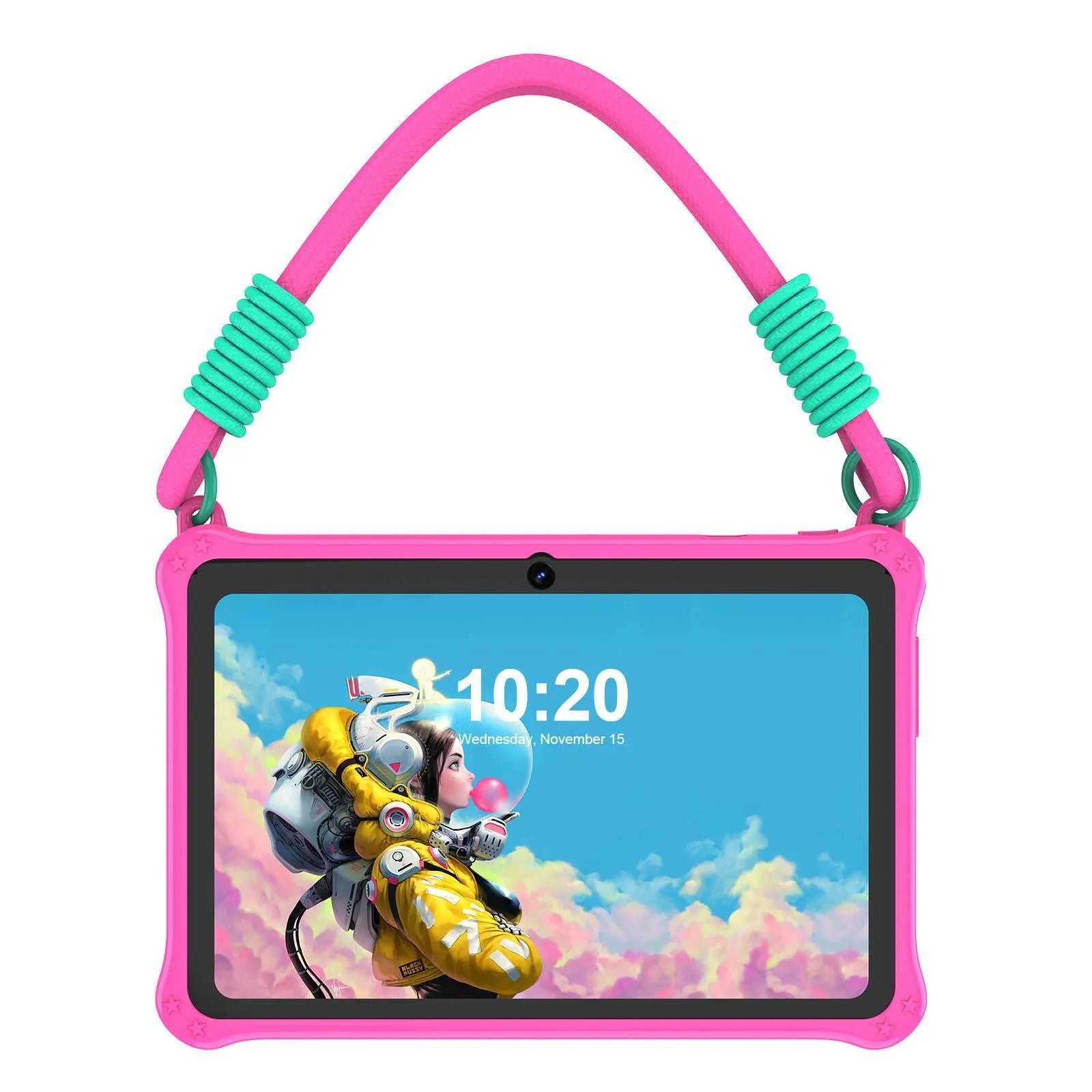 7-inch children's silicone protective tablet case with flat strap in sapphire blue and dark pink colours