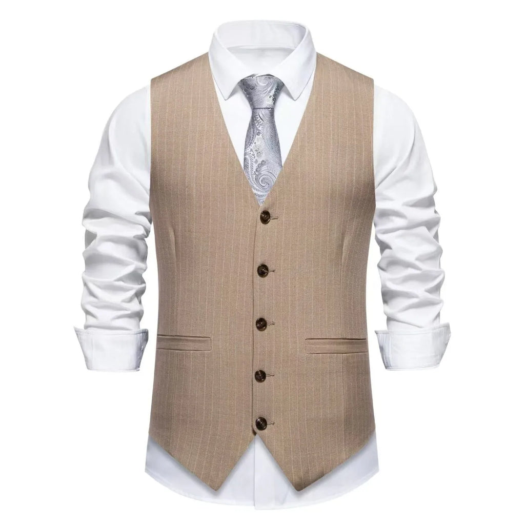 Men's striped suit vest with miter bottom hem in black, red, or khaki colour options.