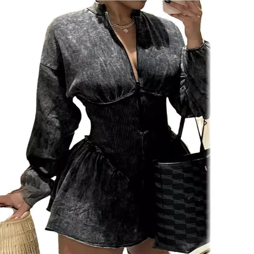 Grey digital printed A-line dress with drawstring waist adjustment and long sleeves