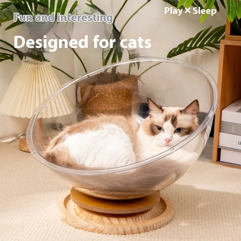 Transparent acrylic cat space capsule bed with turntable base in bathtub shape