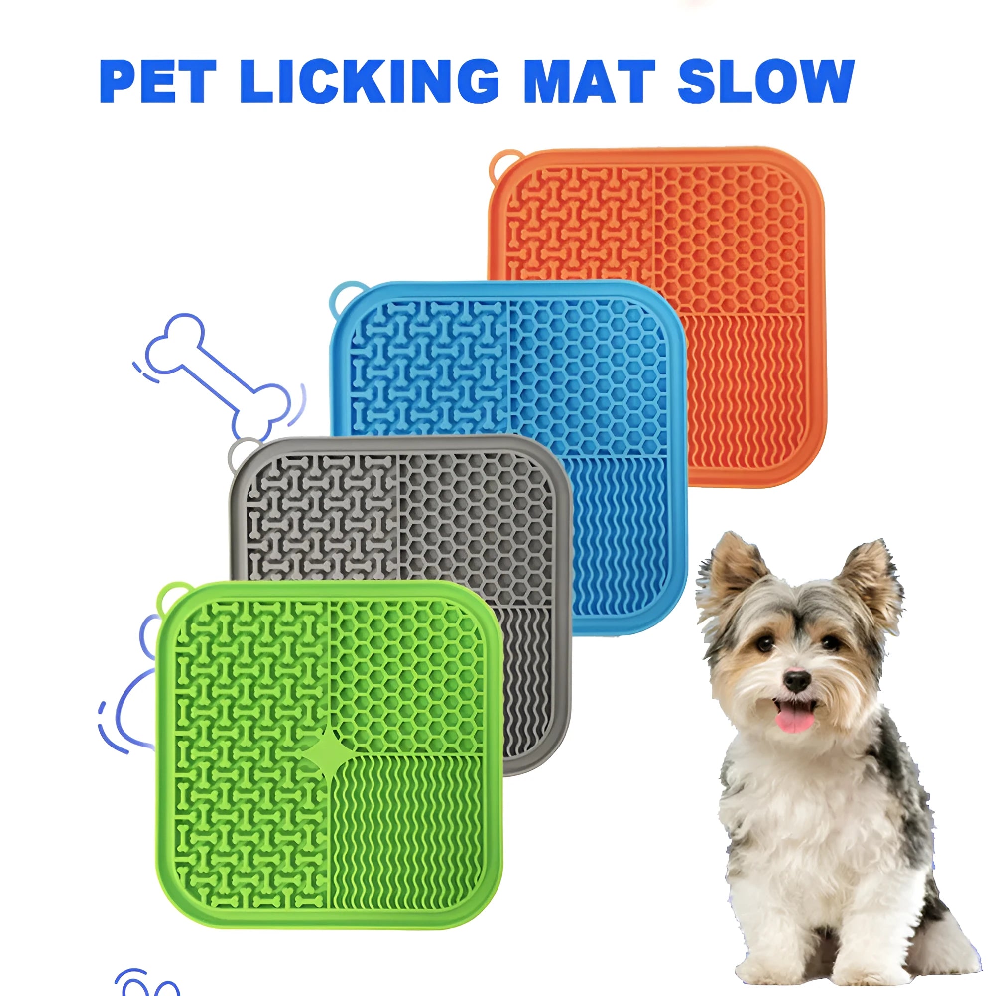 Blue silicone dog licking mat with textured surface and suction cups on a kitchen floor.